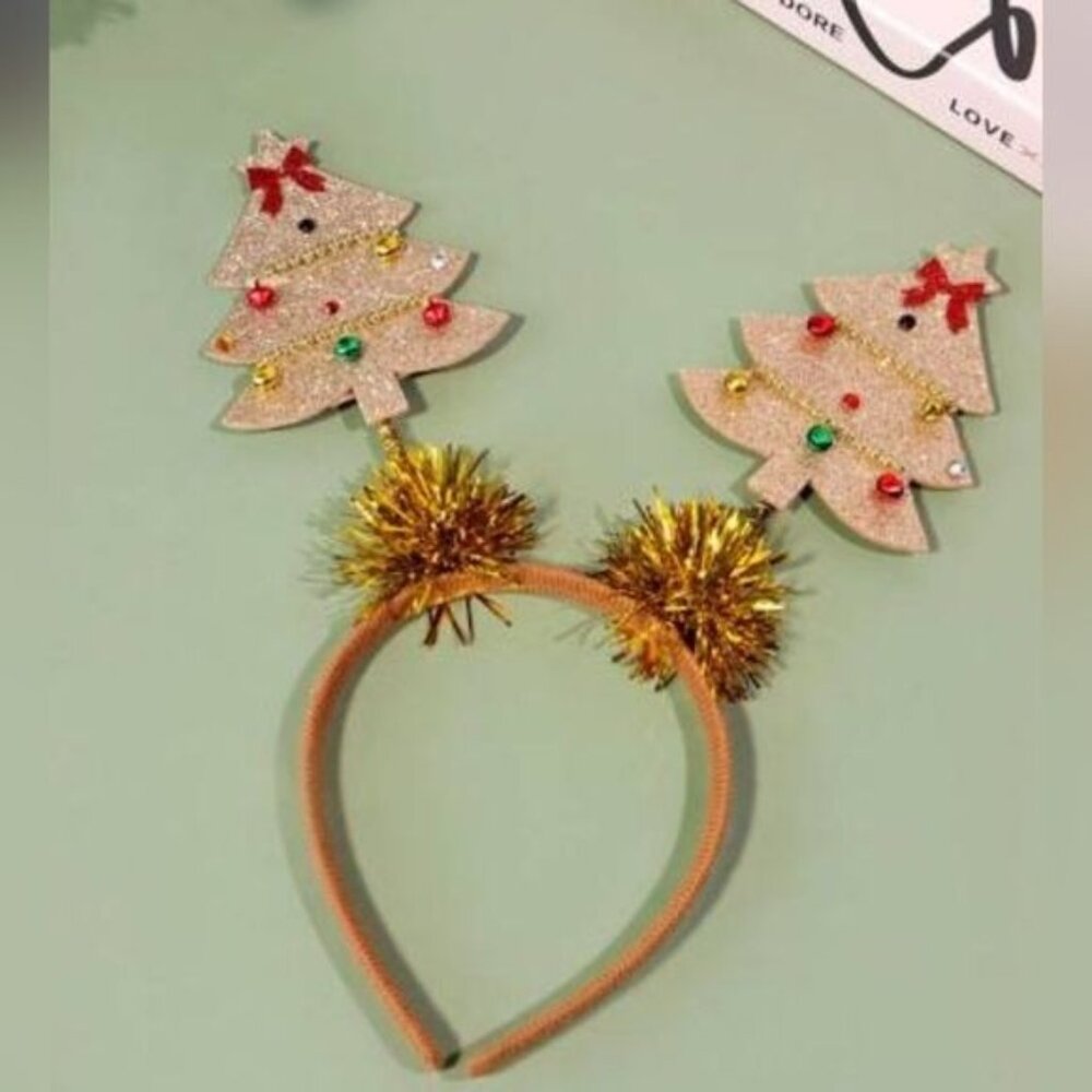 Cute Christmas Star Shape Gold Tinsel Tree With Ribbons headband